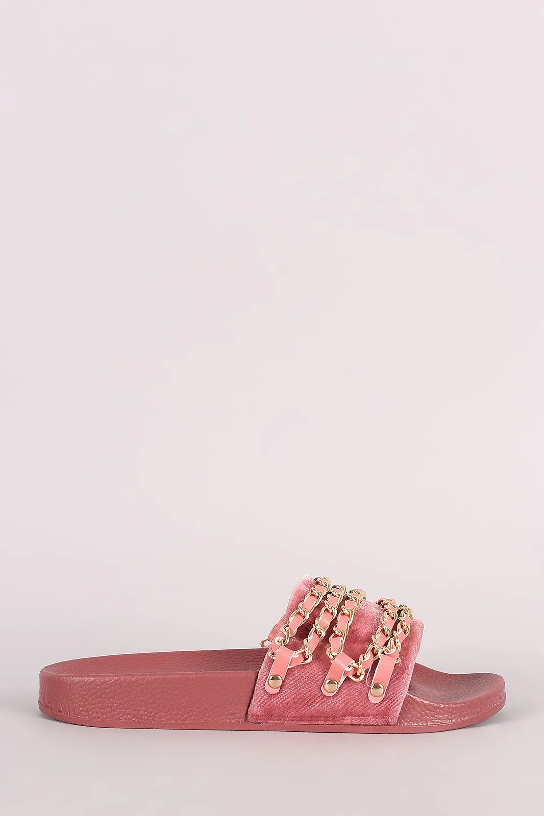 Bamboo Velvet Chain Embellished Open Toe Slide Sandal