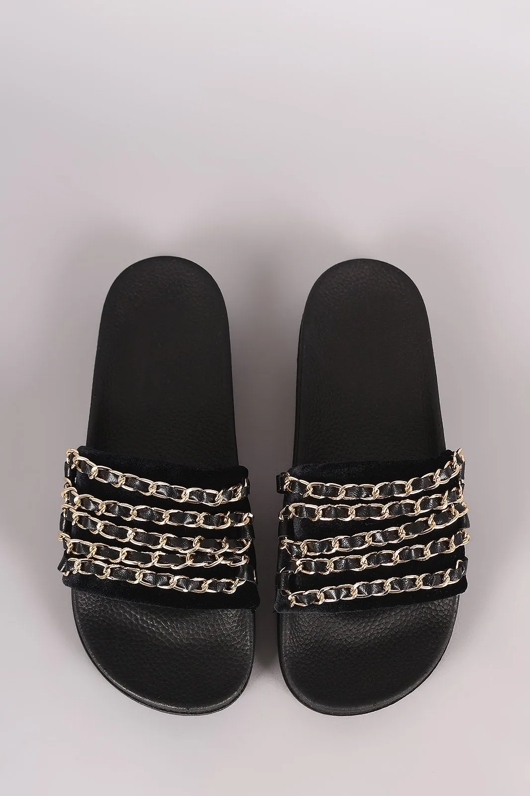 Bamboo Velvet Chain Embellished Open Toe Slide Sandal
