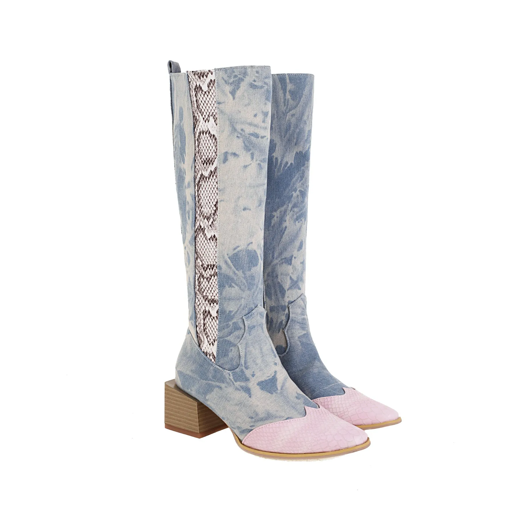 Bigsizeheels simple pointed toe over the knee boots-Pale blue