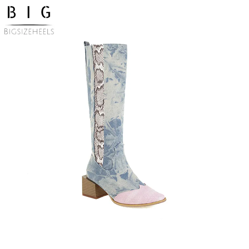 Bigsizeheels simple pointed toe over the knee boots-Pale blue