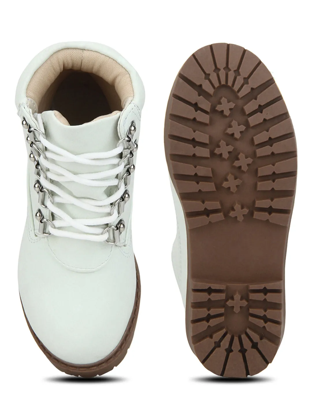Cream PU Lace-up Ankle Boots