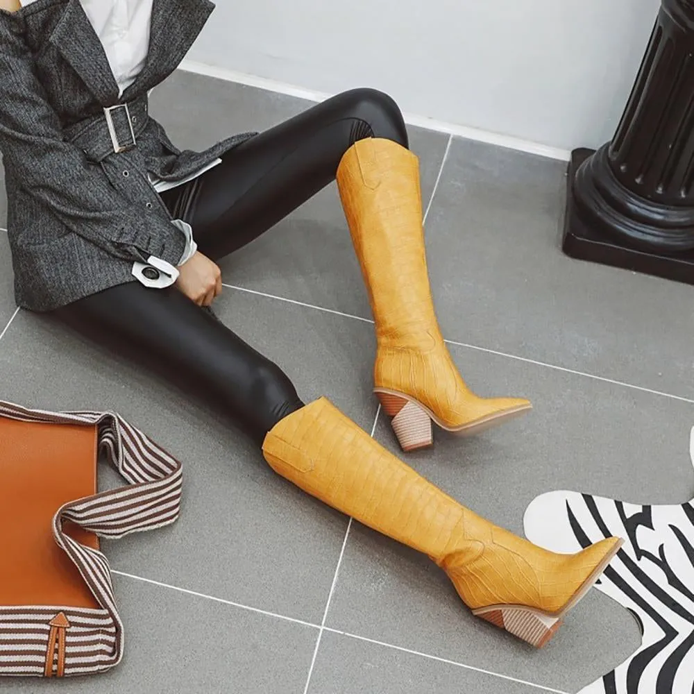 Crocodile Pattern Knee High Wedge Boots