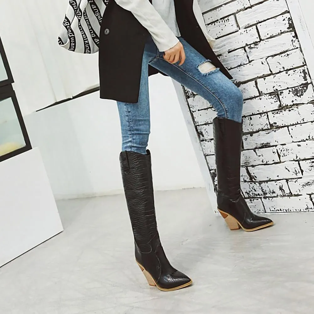 Crocodile Pattern Knee High Wedge Boots