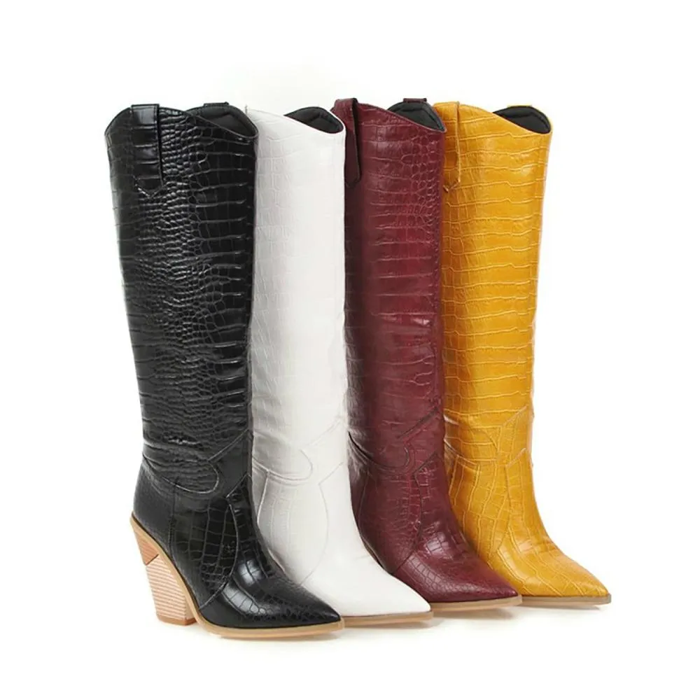 Crocodile Pattern Knee High Wedge Boots