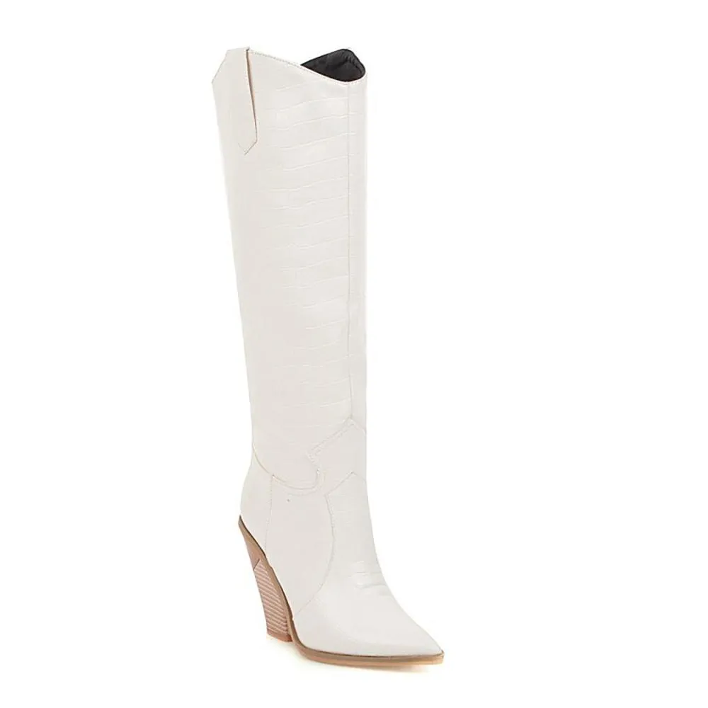 Crocodile Pattern Knee High Wedge Boots