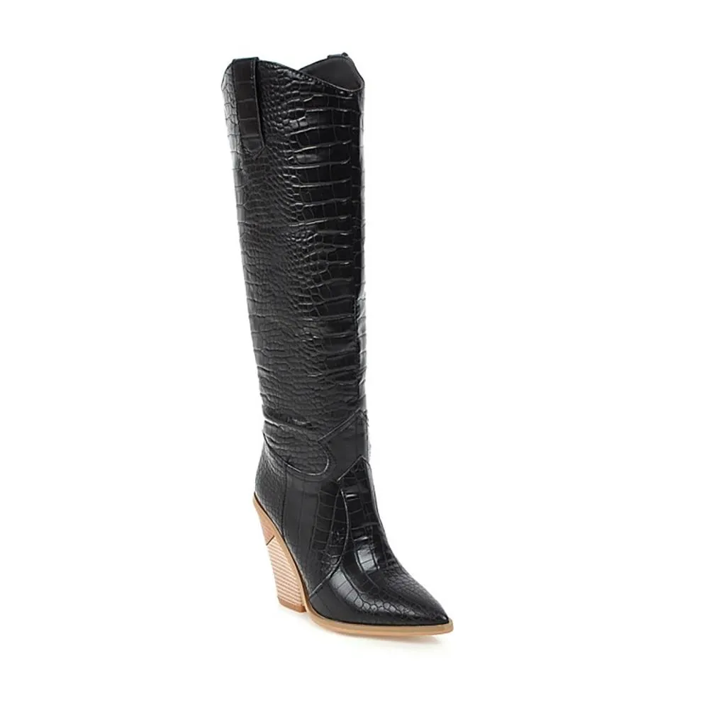 Crocodile Pattern Knee High Wedge Boots