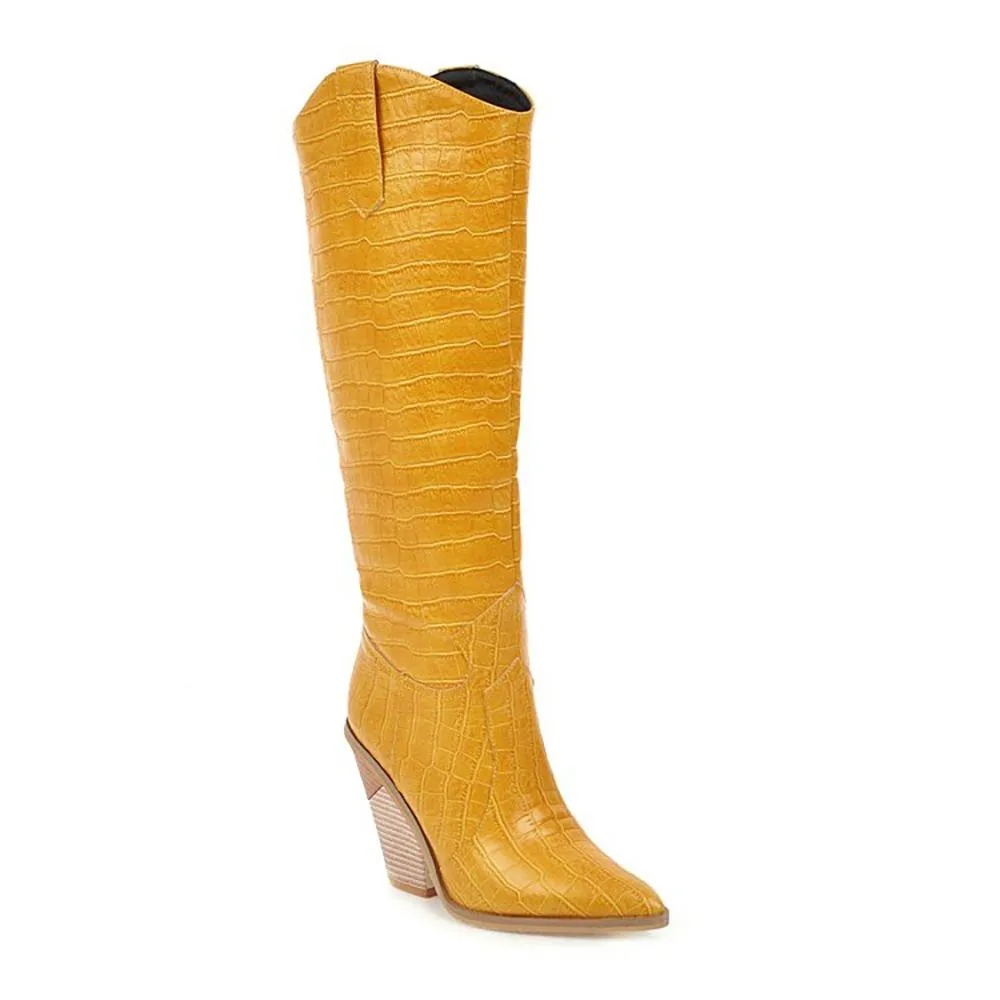 Crocodile Pattern Knee High Wedge Boots