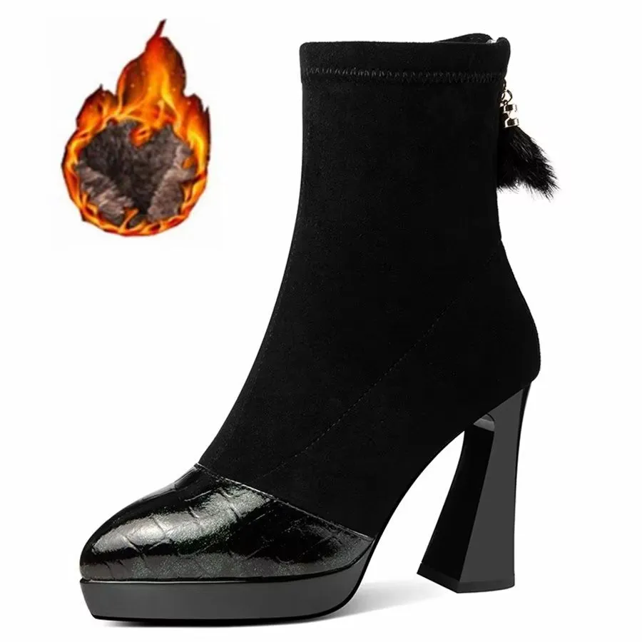 Elegant Zipper Pointed Toe Kitten High Heel Boots