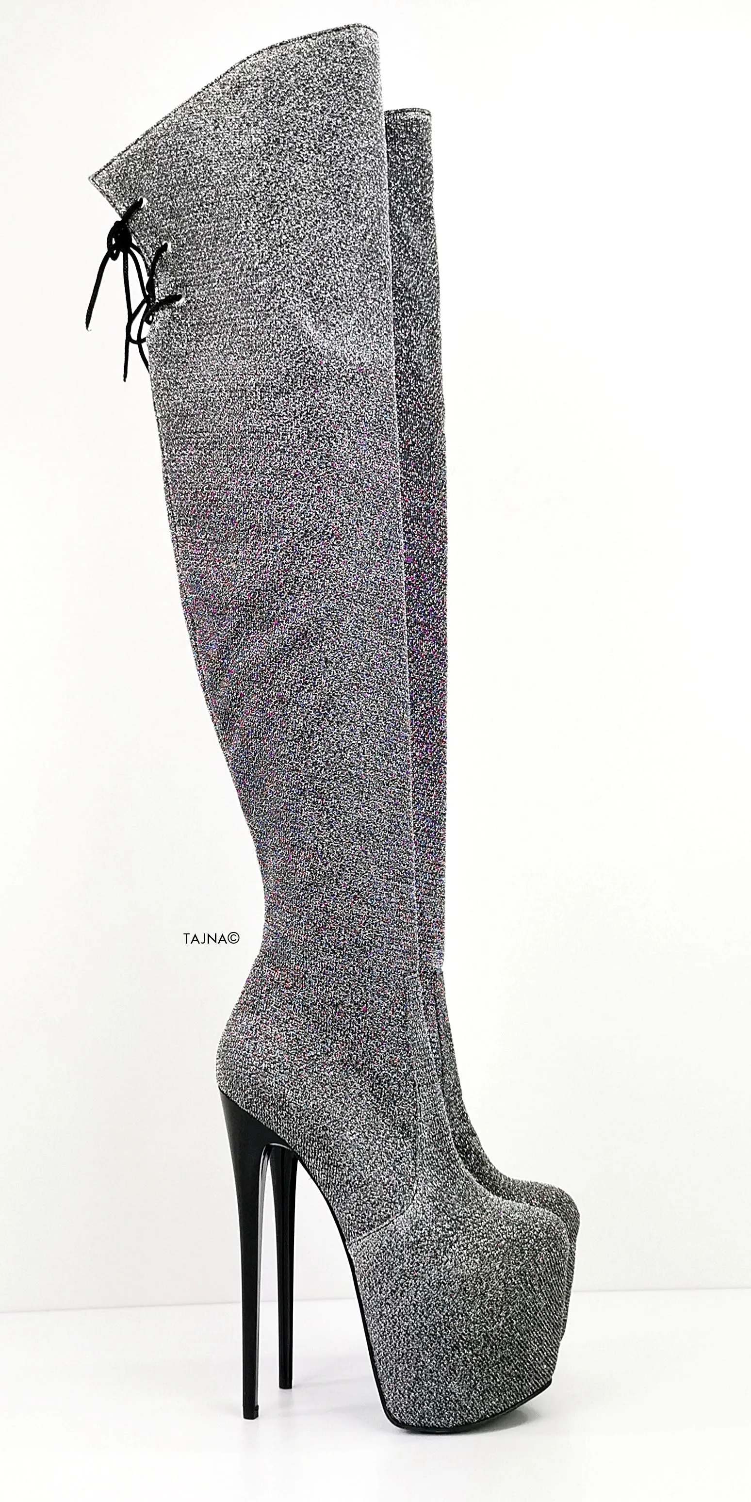 Grey Silver Shine Over Knee Heel Boots
