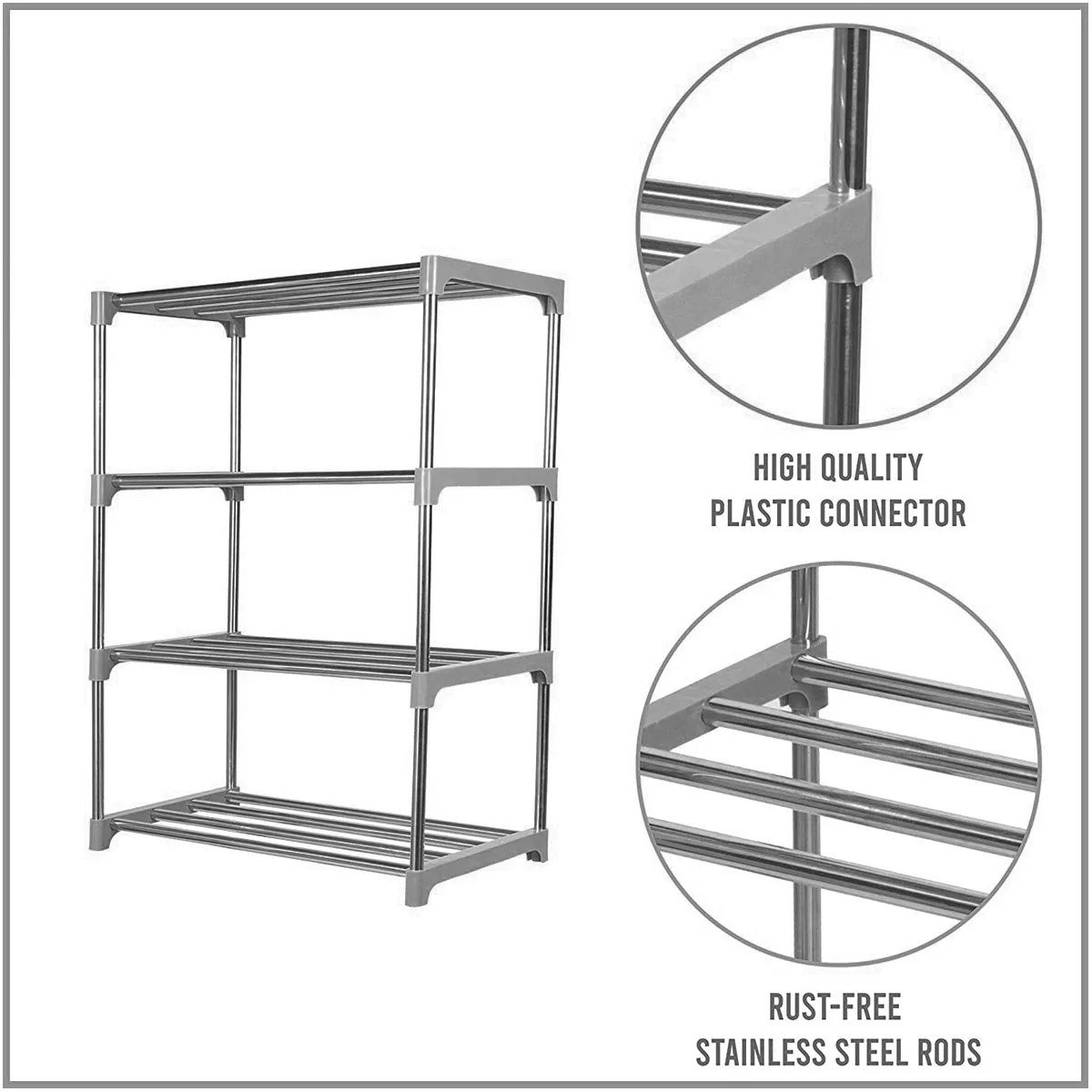 Kawachi 12 Pairs 4-Layer Stainless Steel and Plastic Shoe Stand Multipurpose Book Shelf Toys Storage Rack for Home Office KW50-Gray