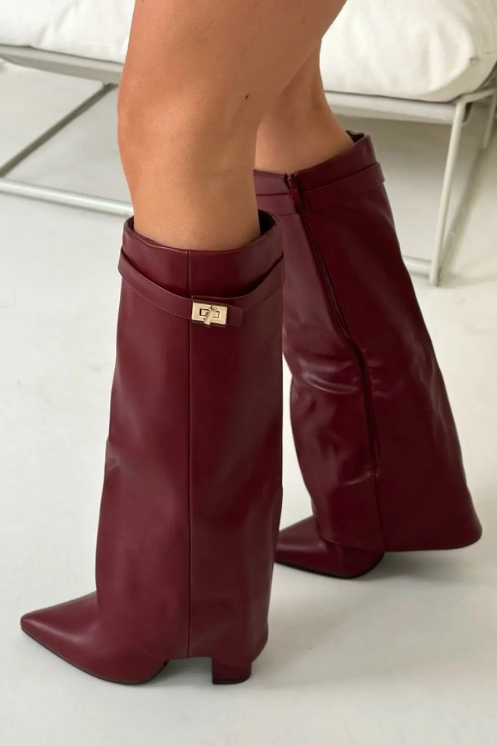 Kimmy burgundy knee high fold over heel boots