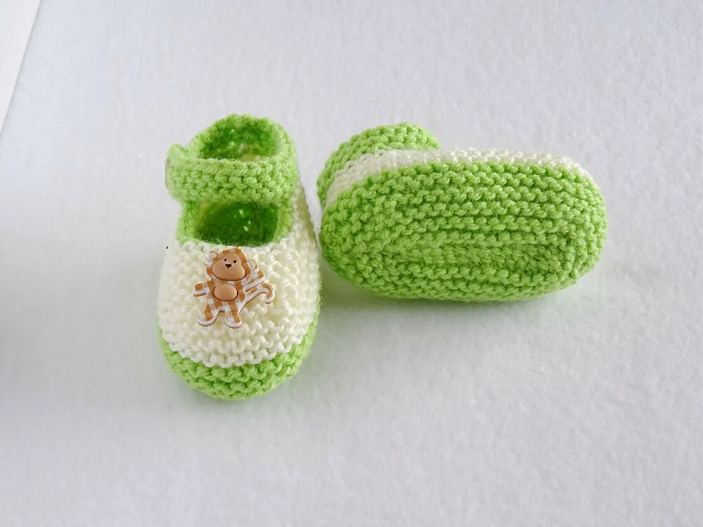 Knit cream and green baby booties with monkeys size 0-3 months