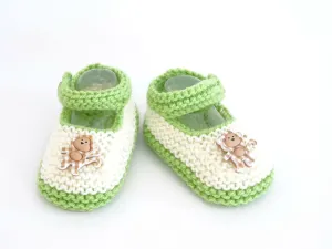 Knit cream and green baby booties with monkeys size 0-3 months