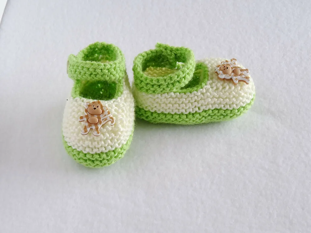 Knit cream and green baby booties with monkeys size 0-3 months
