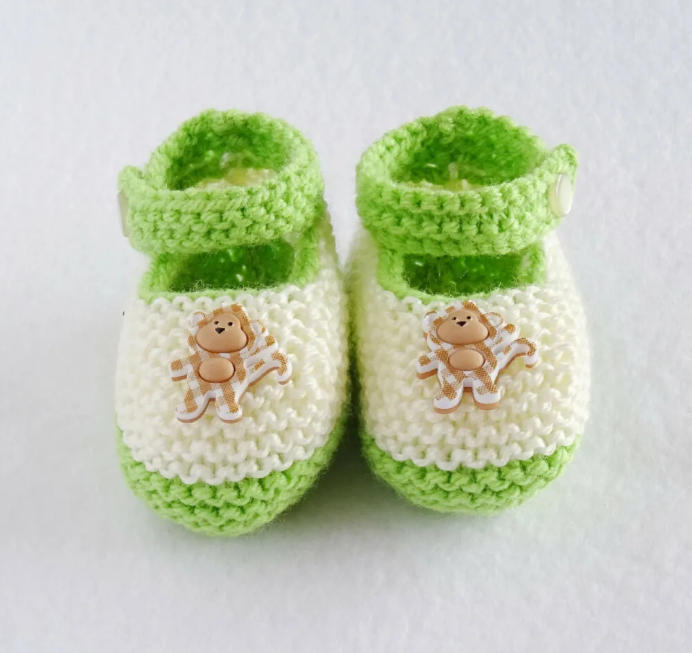 Knit cream and green baby booties with monkeys size 0-3 months
