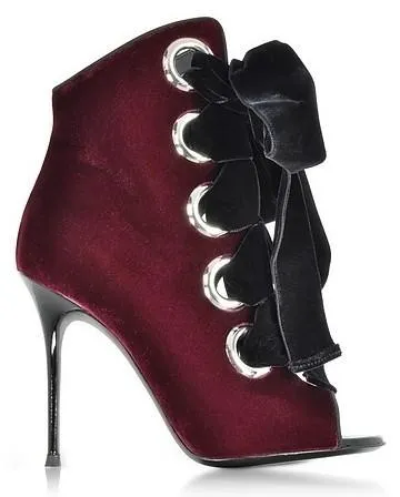 Lace-up Velvet Ankle Boots - Black or Burgundy