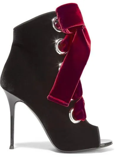 Lace-up Velvet Ankle Boots - Black or Burgundy