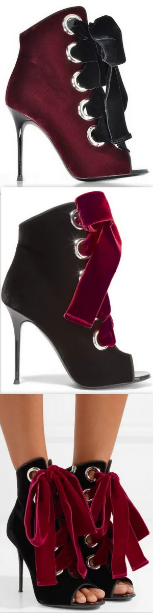 Lace-up Velvet Ankle Boots - Black or Burgundy