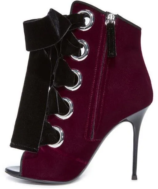 Lace-up Velvet Ankle Boots - Black or Burgundy