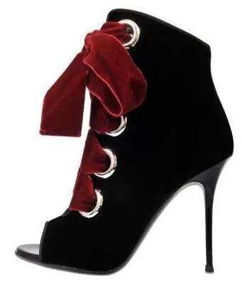 Lace-up Velvet Ankle Boots - Black or Burgundy