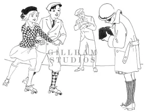 Line drawing of retro children roller skating and taking pictures