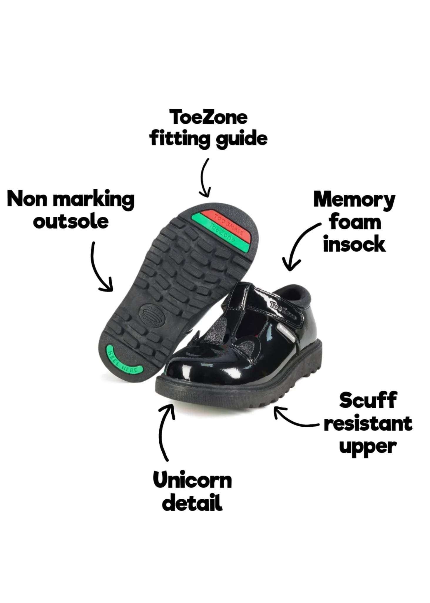 MILLIE - Unicorn Patent T-Bar Shoes with Magical Unicorn Insocks (Wide Fit)