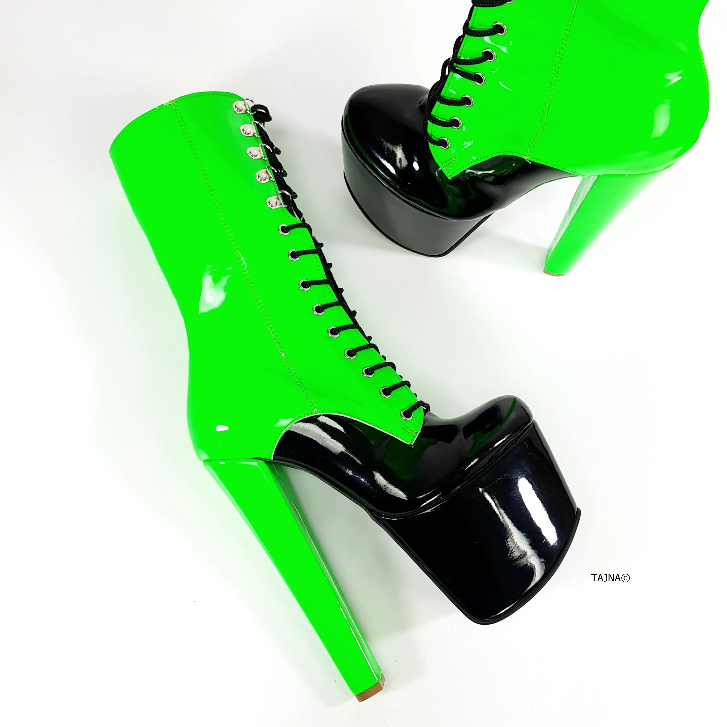 Neon Green Black Double Coloured Lace Up Boots