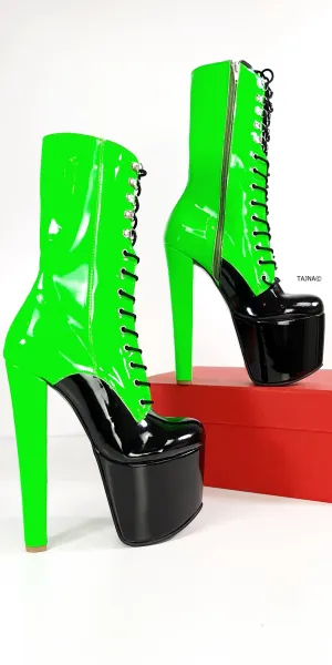 Neon Green Black Double Coloured Lace Up Boots