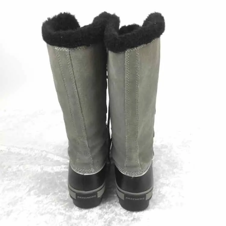 Skechers Women Size 7.5 gray/black Leather Lace Up Mid Calf Boots