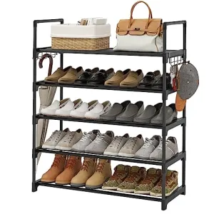 UNITSTAGE 5 Tiers Black Shoe Rack Shoe Organizer Shoe Storage for Closet for Entryway 20-25 Pairs Metal Stackable Shoe Rack Shelf with Hooks Garage Durable Metal Pipes Plastic Connectors