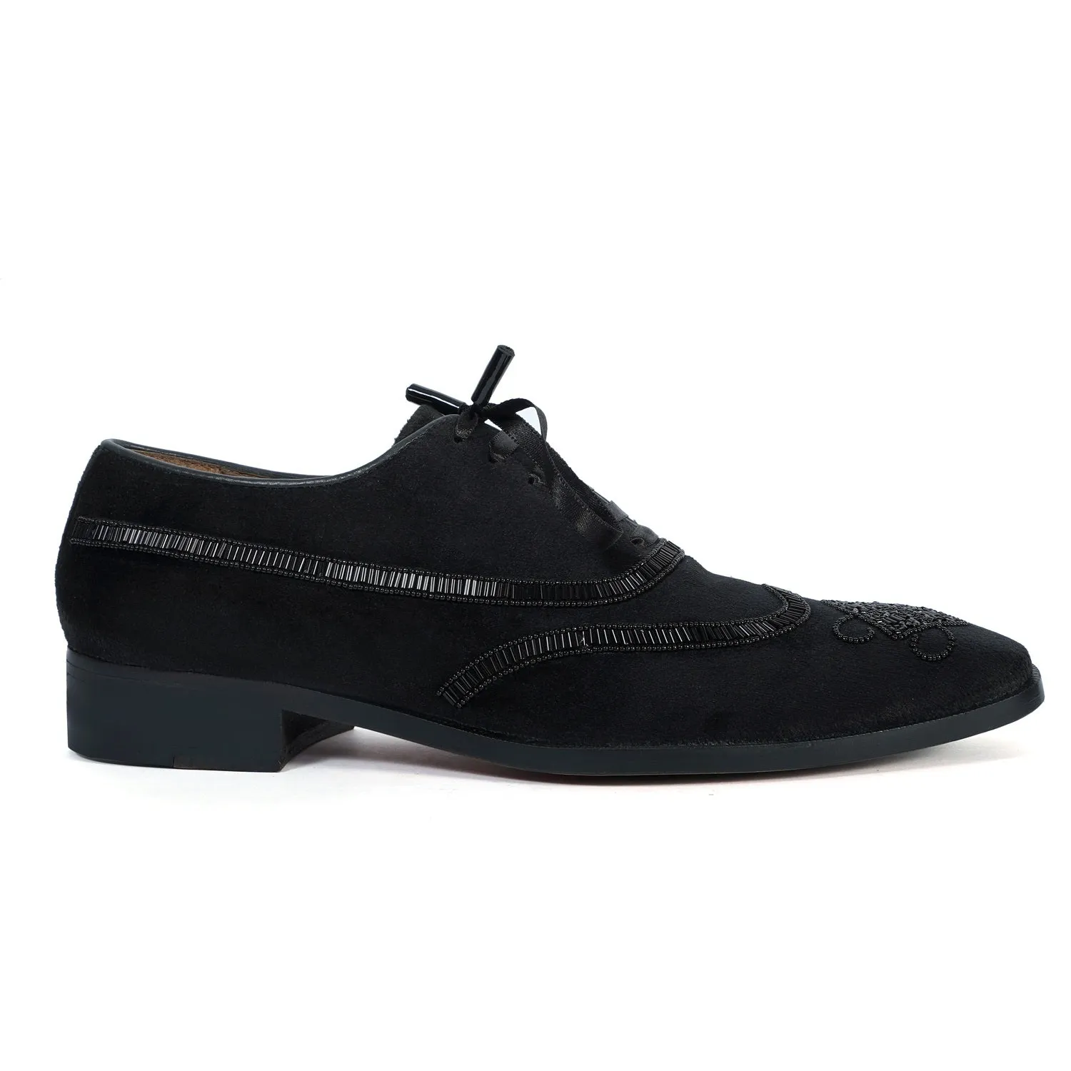 Wingtip Zardosi Black Lace-Up Wedding Formal Shoes