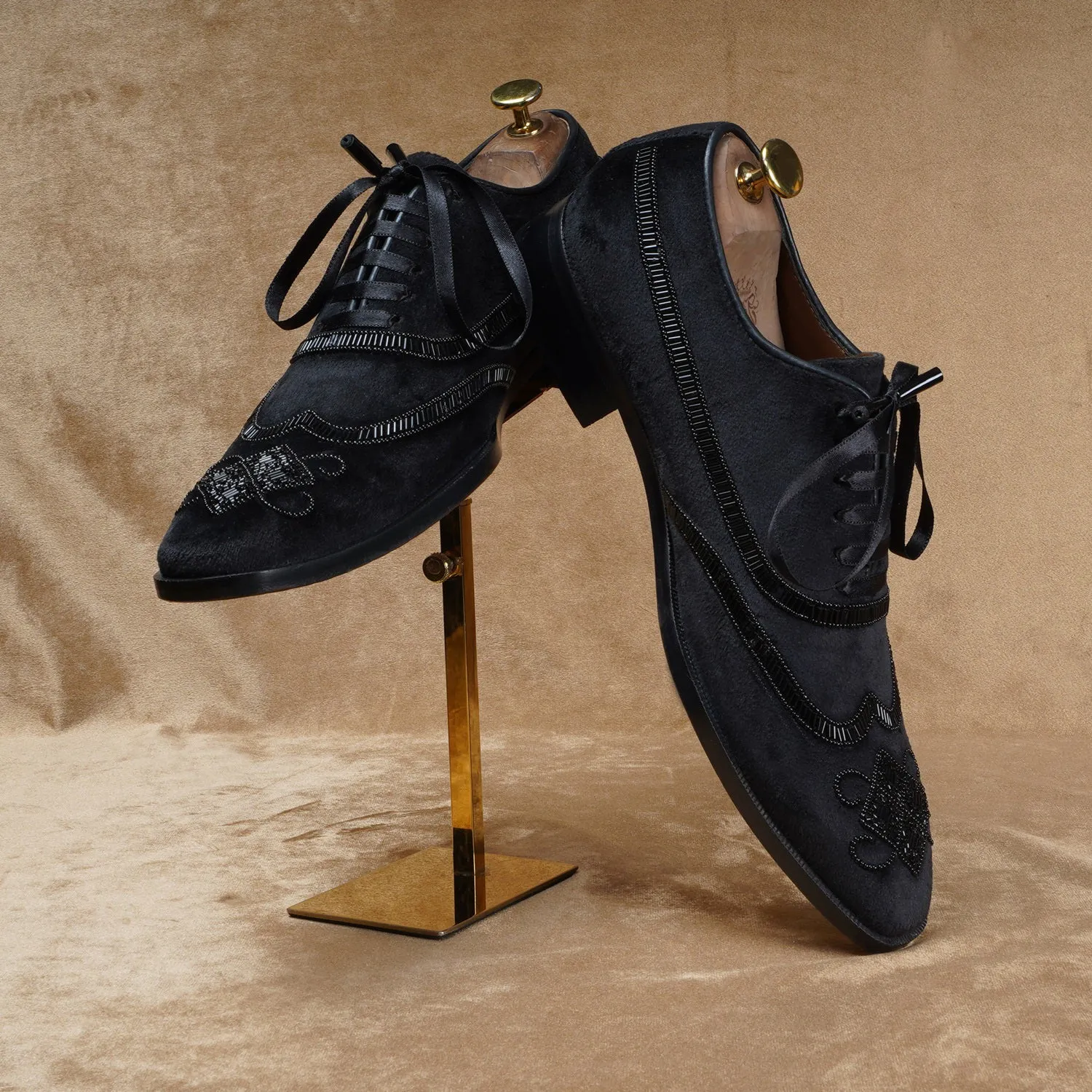 Wingtip Zardosi Black Lace-Up Wedding Formal Shoes