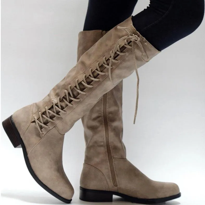 Women block heel side lace up zipper knee high boots