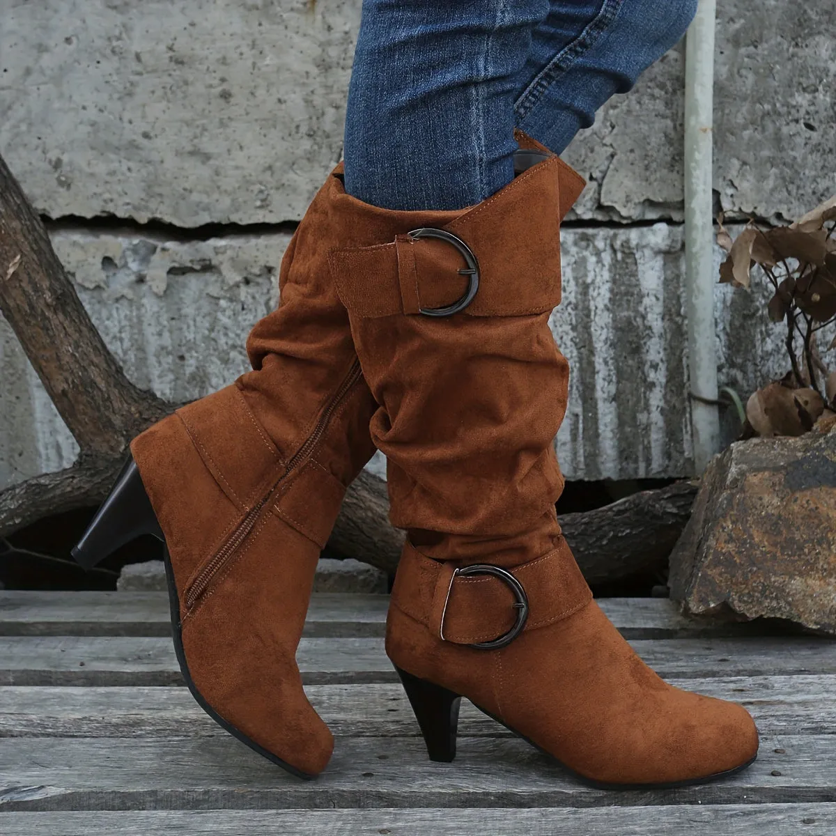 Women's Slouch Knee High Boots, Buckle Strap Side Zipper High Heeled Boots, Comfortable Suedette Long Boots