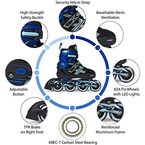 XinoSports Adjustable Children's Inline Skates for Girls & Boys with Light Up Wheels (Ages 5-20) – Roller Blades with Illuminating Wheels for Boys and Girls (Black/Aqua, Medium - 1-4)