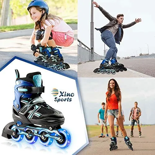 XinoSports Adjustable Children's Inline Skates for Girls & Boys with Light Up Wheels (Ages 5-20) – Roller Blades with Illuminating Wheels for Boys and Girls (Black/Aqua, Medium - 1-4)