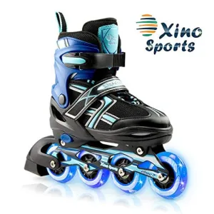 XinoSports Adjustable Children's Inline Skates for Girls & Boys with Light Up Wheels (Ages 5-20) – Roller Blades with Illuminating Wheels for Boys and Girls (Black/Aqua, Medium - 1-4)