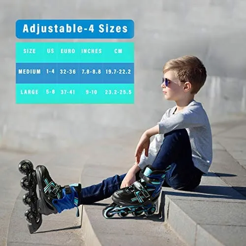 XinoSports Adjustable Children's Inline Skates for Girls & Boys with Light Up Wheels (Ages 5-20) – Roller Blades with Illuminating Wheels for Boys and Girls (Black/Aqua, Medium - 1-4)