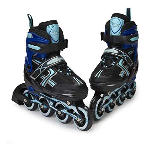 XinoSports Adjustable Children's Inline Skates for Girls & Boys with Light Up Wheels (Ages 5-20) – Roller Blades with Illuminating Wheels for Boys and Girls (Black/Aqua, Medium - 1-4)