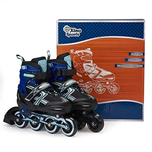 XinoSports Adjustable Children's Inline Skates for Girls & Boys with Light Up Wheels (Ages 5-20) – Roller Blades with Illuminating Wheels for Boys and Girls (Black/Aqua, Medium - 1-4)